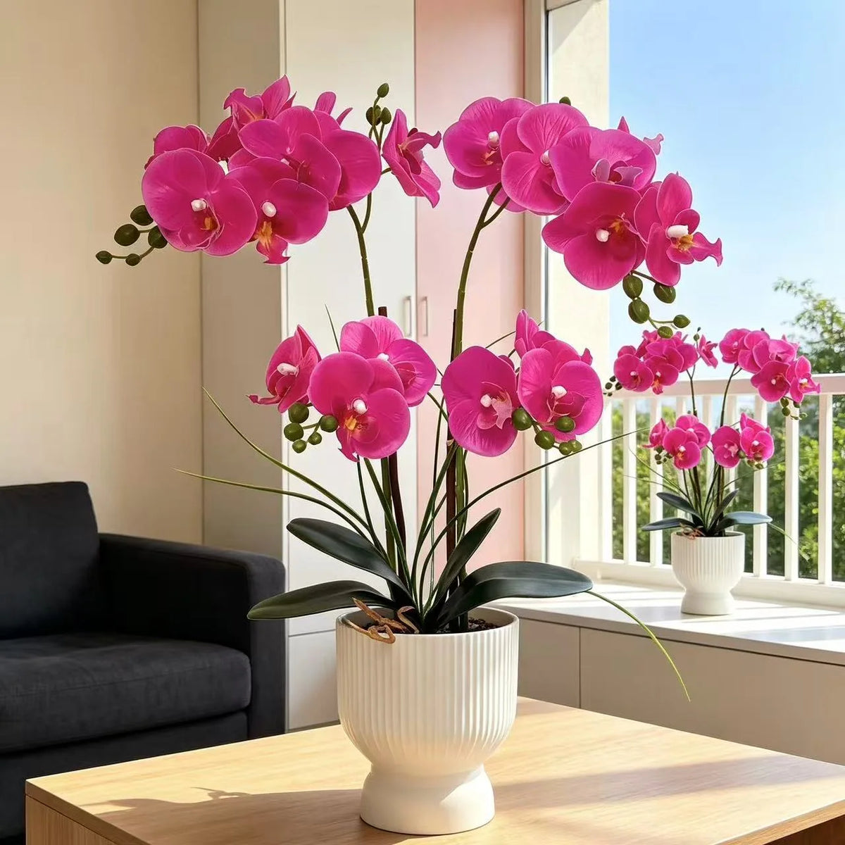 Artificial Orchid Arrangement Realistic Low-Maintenance White Ribbed Pot