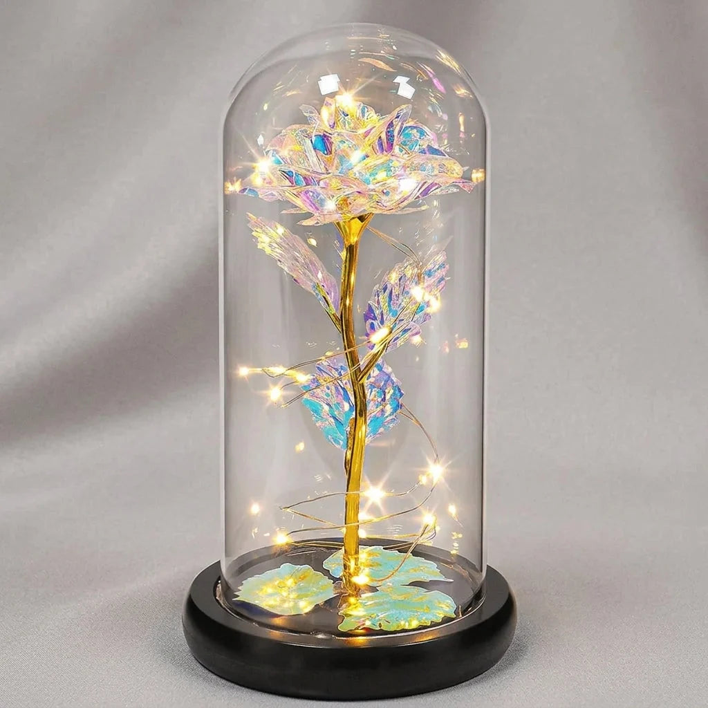 Artificial Rose Glass Dome Warm White LED Wooden Base