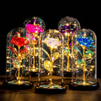 Artificial Rose Glass Dome Warm White LED Wooden Base