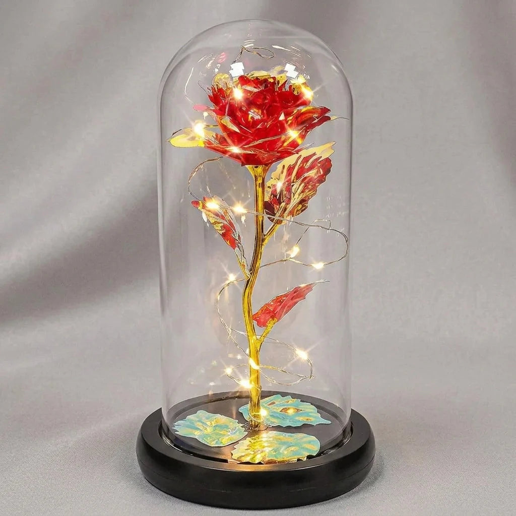 Artificial Rose Glass Dome Warm White LED Wooden Base