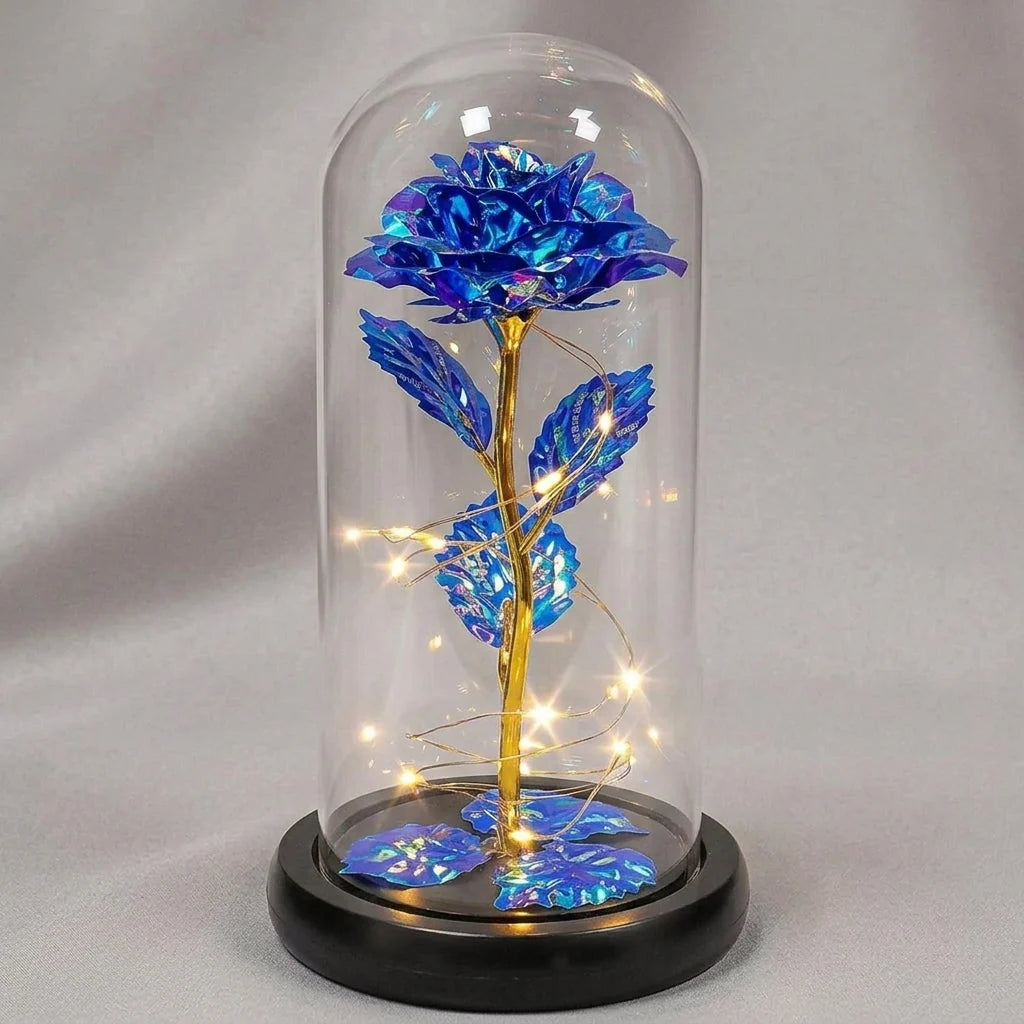 Artificial Rose Glass Dome Warm White LED Wooden Base