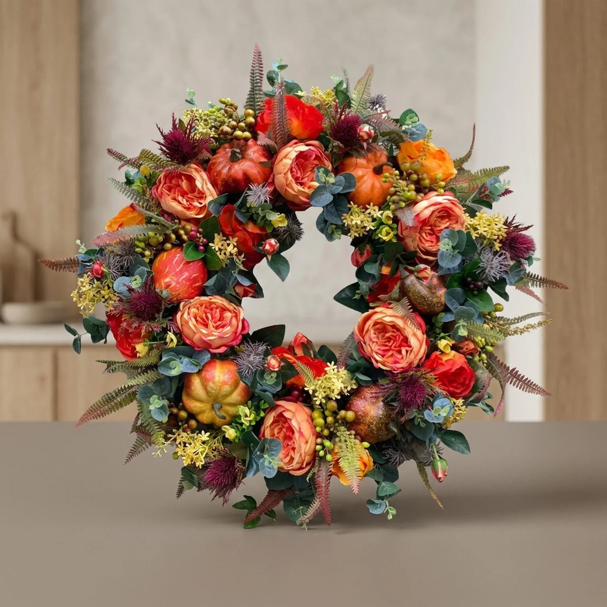 Autumn Wreath Rattan Faux Pumpkins And Leaves 15.7 Inch