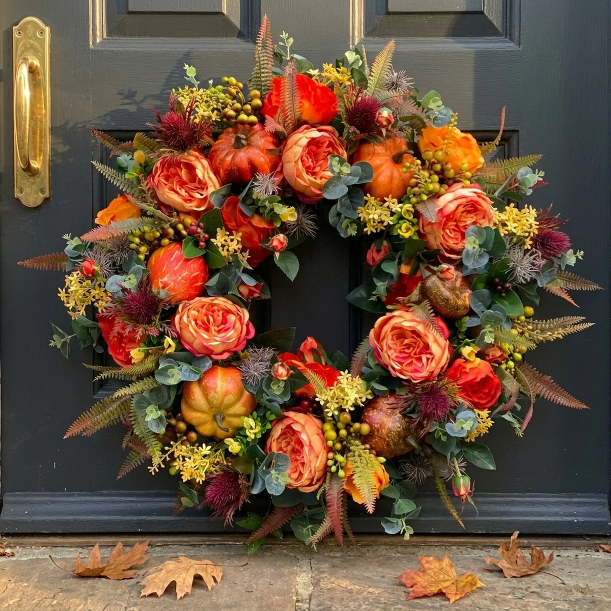 Autumn Wreath Rattan Faux Pumpkins And Leaves 15.7 Inch