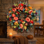 Autumn Wreath Rattan Faux Pumpkins And Leaves 15.7 Inch