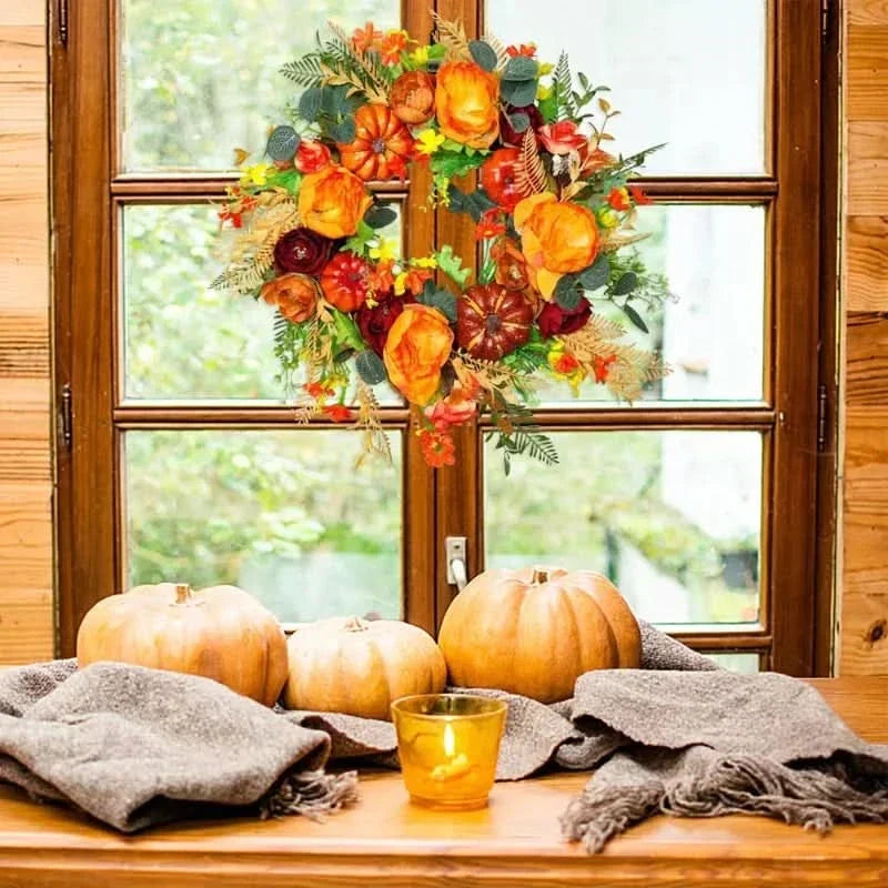 Autumn Wreath Rattan Faux Pumpkins And Leaves 15.7 Inch