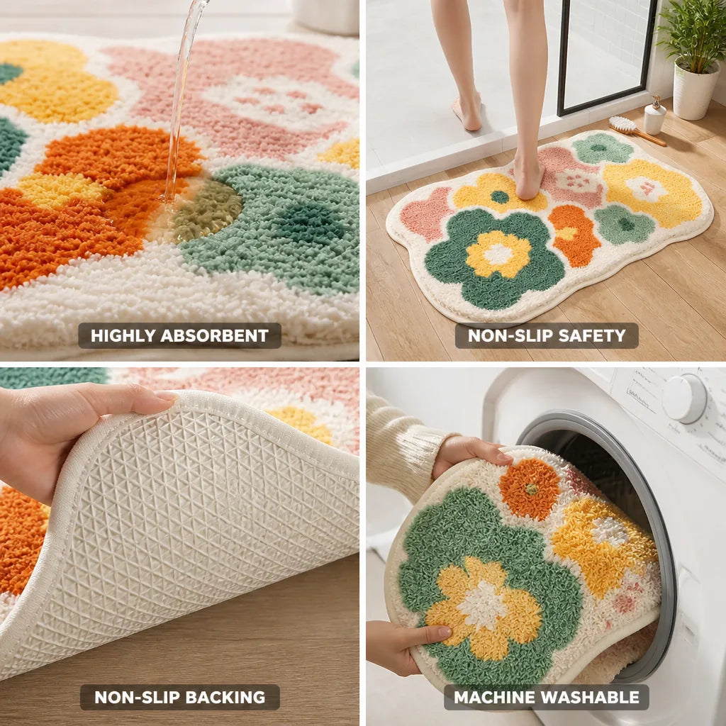 Bath Mat Floral Tufted Microfiber Absorbent Non-Slip