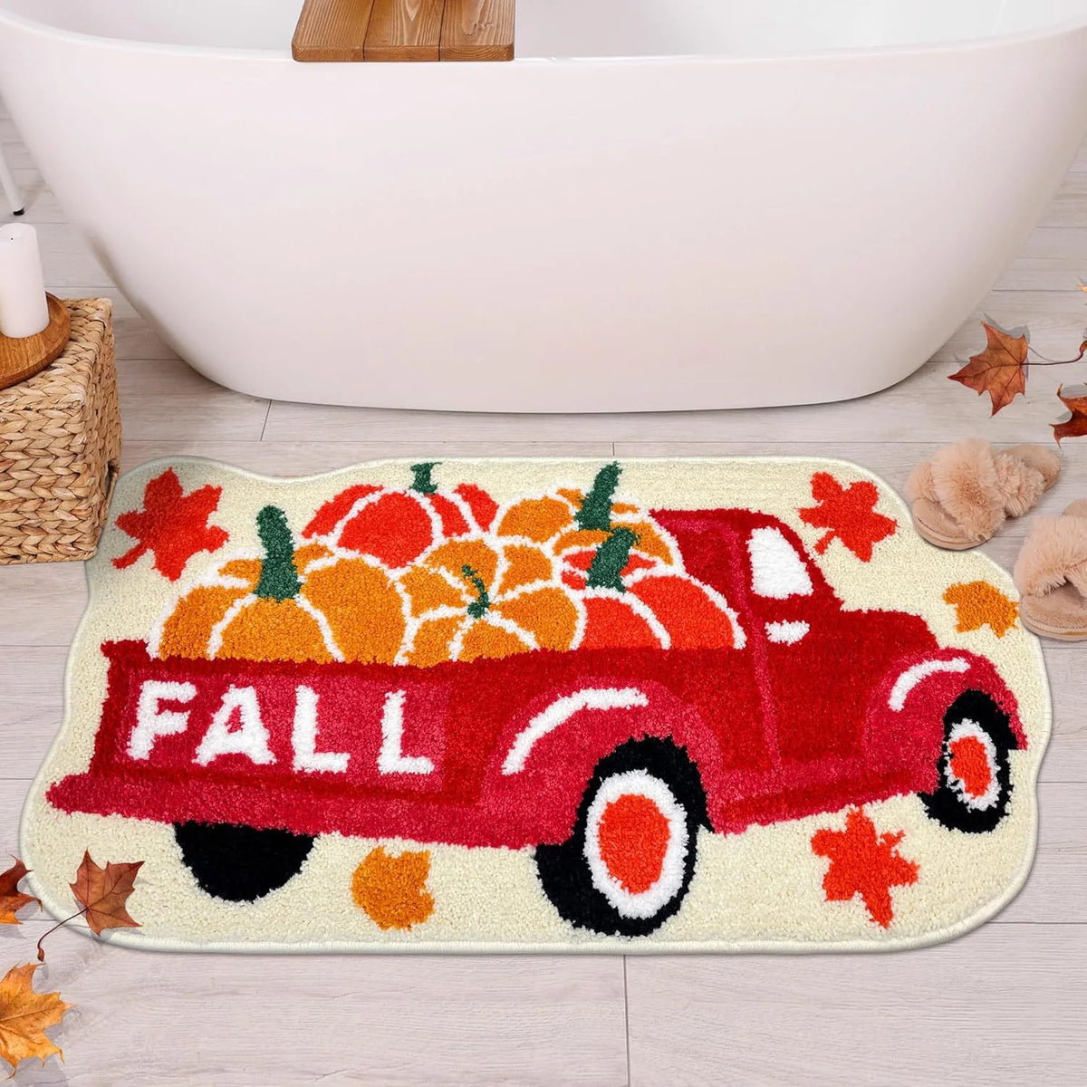 Bath Mat Plush Pumpkin Design Non-Slip Backing Machine Washable