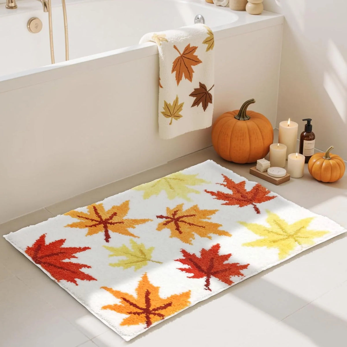Bath Mat Plush Pumpkin Design Non-Slip Backing Machine Washable