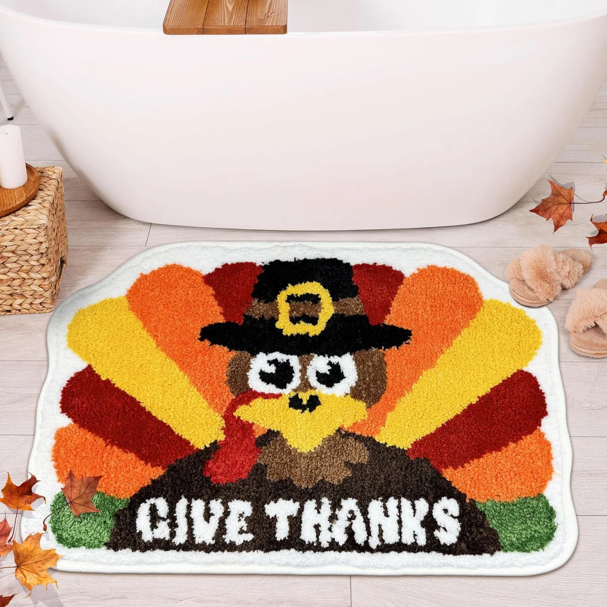 Bath Mat Plush Pumpkin Design Non-Slip Backing Machine Washable