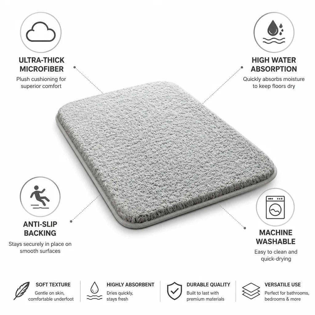 Bath Mat Ultra-Thick Microfiber Highly Absorbent & Anti-Slip