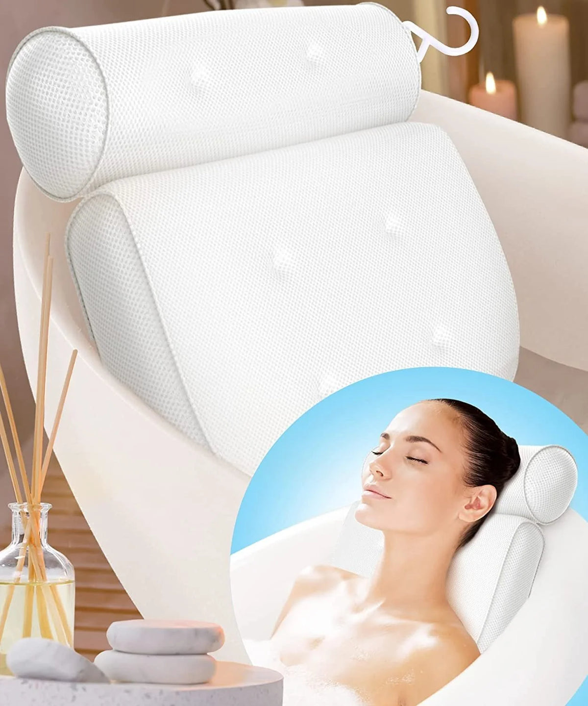 Bath Pillow Ergonomic Neck Support Quick-Dry Mesh Suction Cups