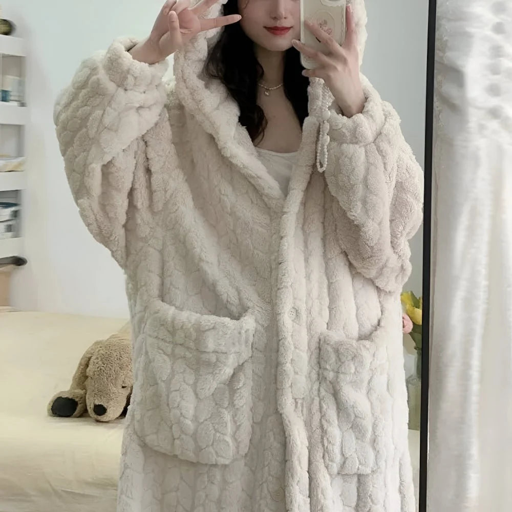 Bathrobe Soft Hooded Long Sleeve With Side Pockets