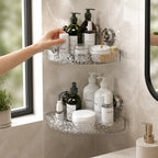 Bathroom Corner Shelf No-Drill Suction Cup Mount Two-Tier Drainage