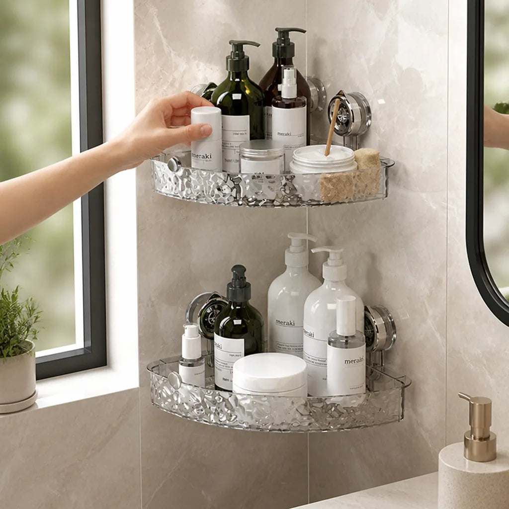 Bathroom Corner Shelf No-Drill Suction Cup Mount Two-Tier Drainage