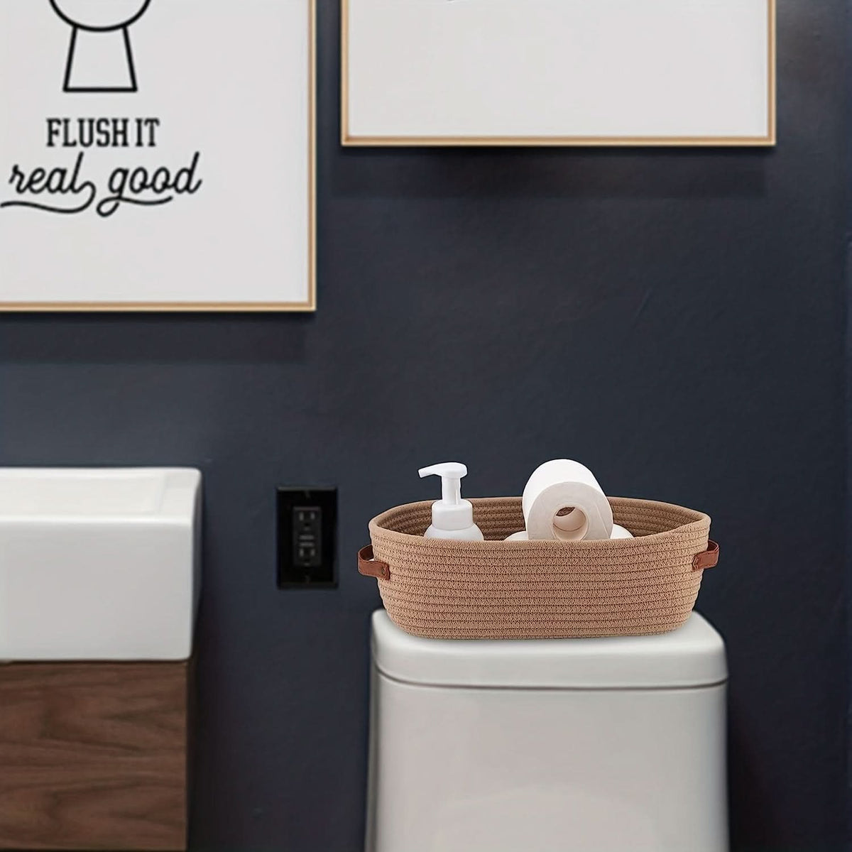 Bathroom Storage Basket Woven Cotton Rope Oval Shape