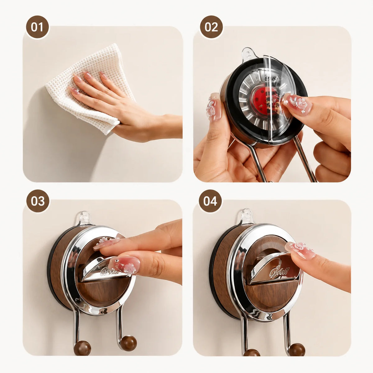 Bathroom Wall Hook No-Drill Suction-Cup 360° Rotating Stainless Steel