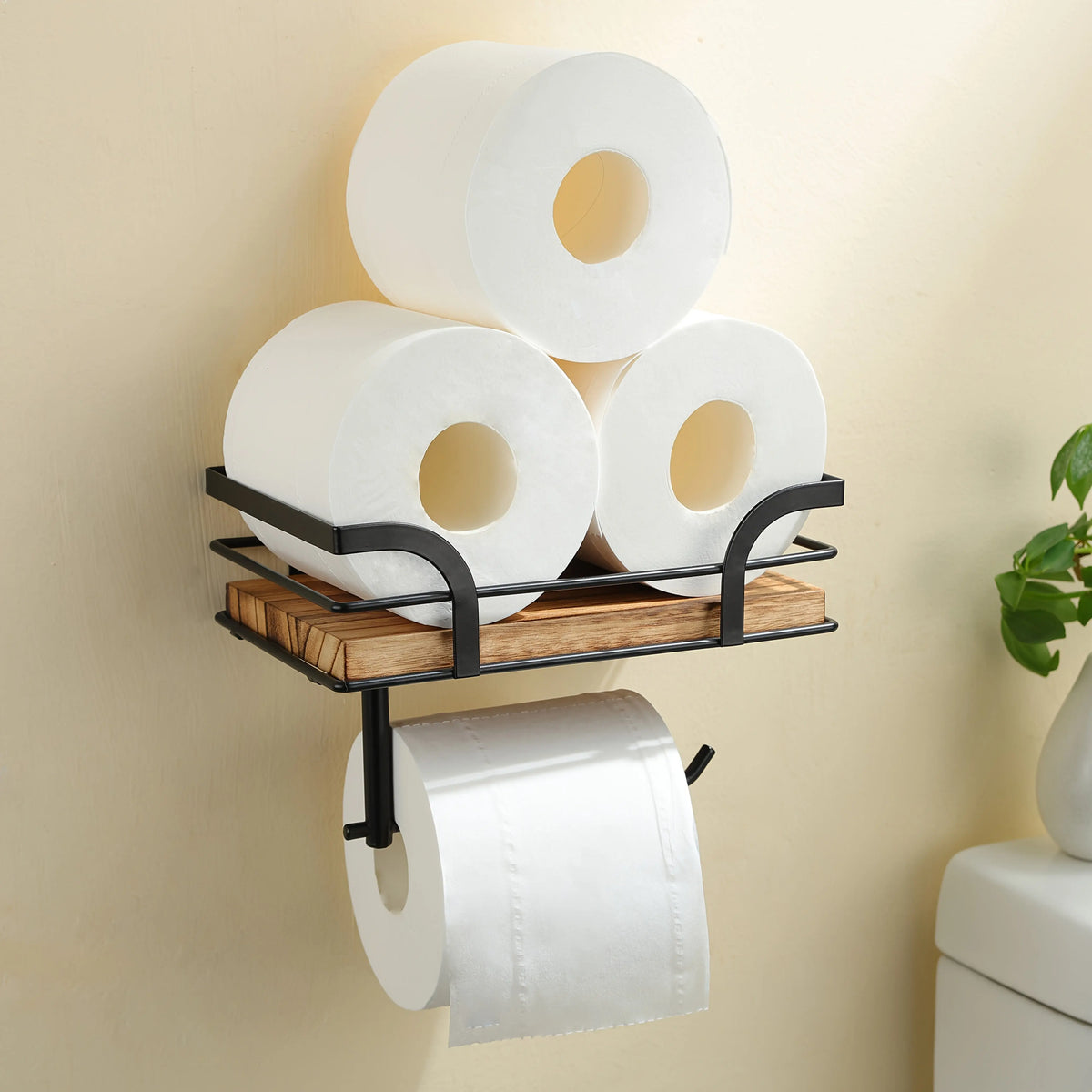 Bathroom Wall Shelf Metal & Wood Toilet Paper Holder