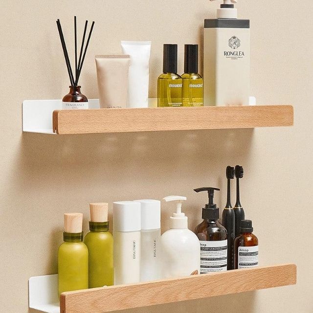 Bathroom Wall Shelf Solid Wood Self-Adhesive Water-Repellent Coating
