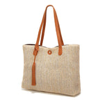 Beach Bag Woven Textile & Leather Handles