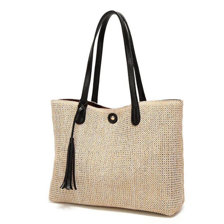 Beach Bag Woven Textile & Leather Handles