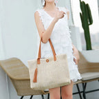 Beach Bag Woven Textile & Leather Handles