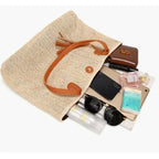 Beach Bag Woven Textile & Leather Handles