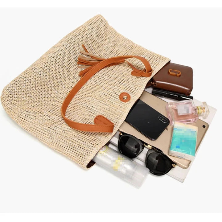 Beach Bag Woven Textile & Leather Handles