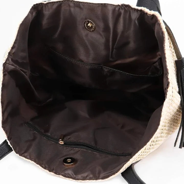 Beach Bag Woven Textile & Leather Handles