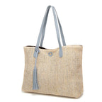 Beach Bag Woven Textile & Leather Handles