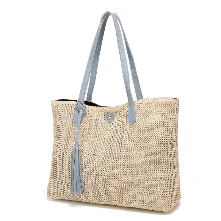 Beach Bag Woven Textile & Leather Handles