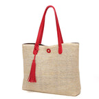 Beach Bag Woven Textile & Leather Handles