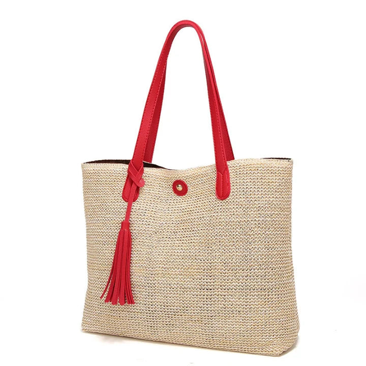 Beach Bag Woven Textile & Leather Handles