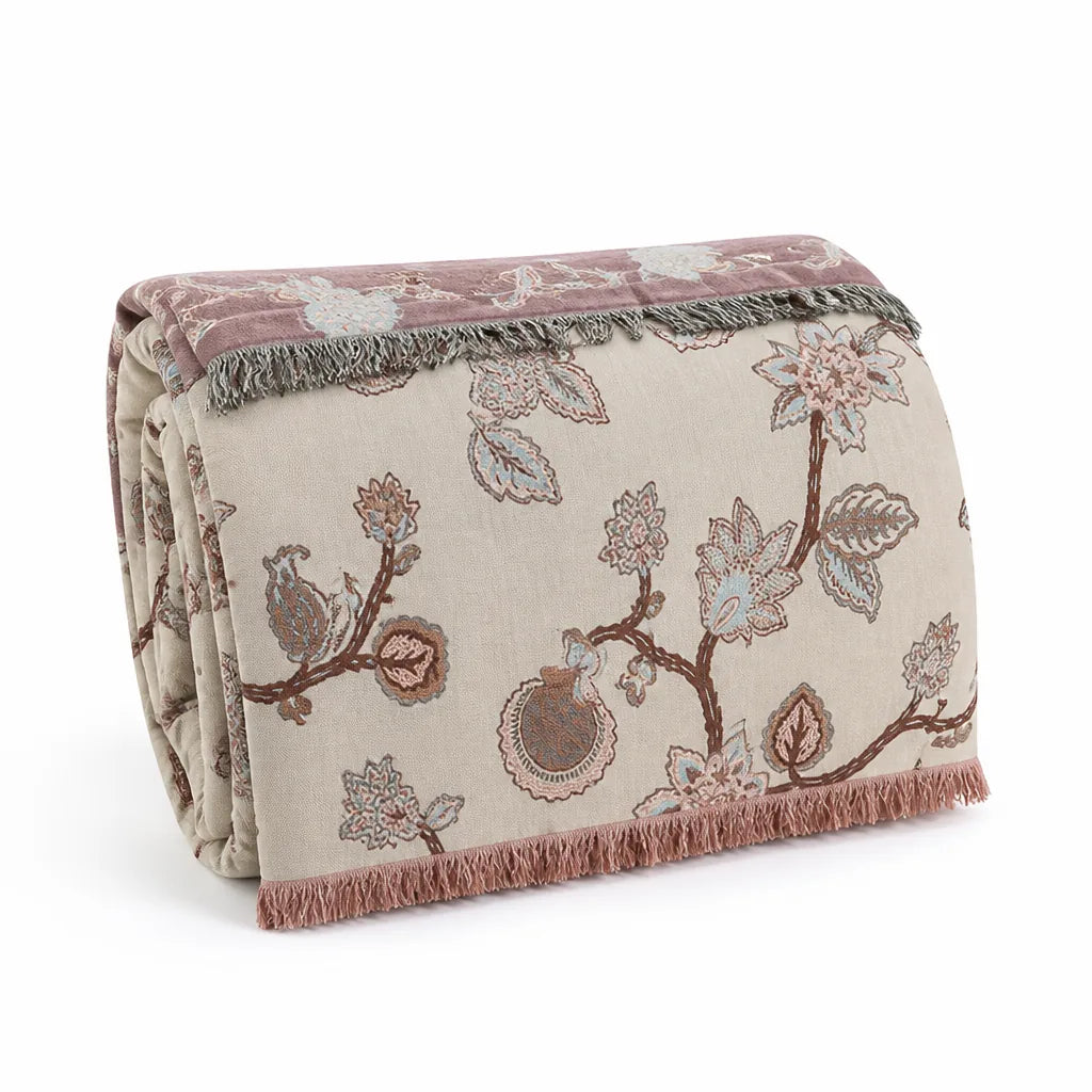 Bed Blanket 100% Cotton Jacquard Floral Tassel Trim