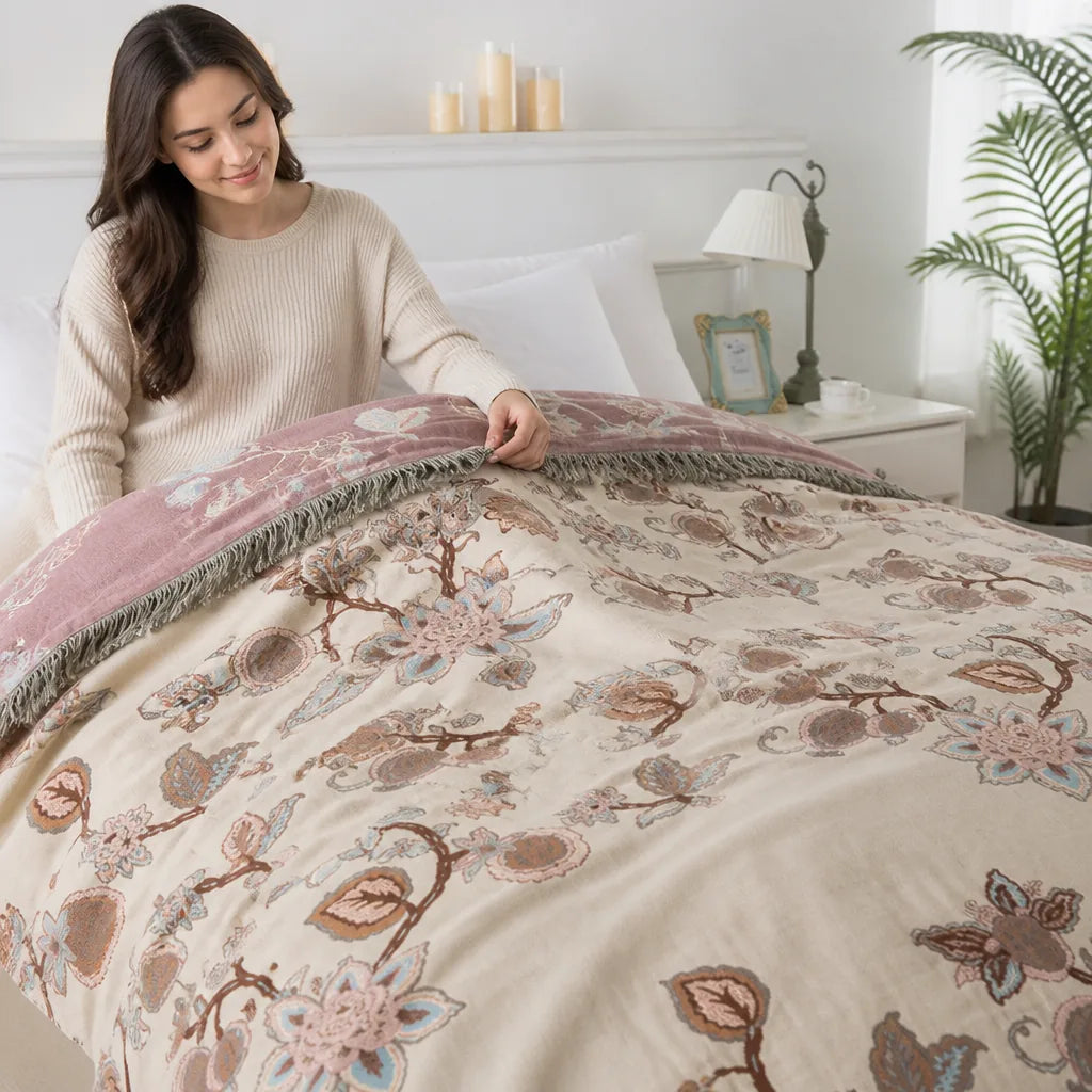 Bed Blanket 100% Cotton Jacquard Floral Tassel Trim