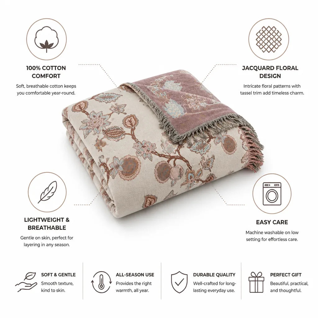 Bed Blanket 100% Cotton Jacquard Floral Tassel Trim