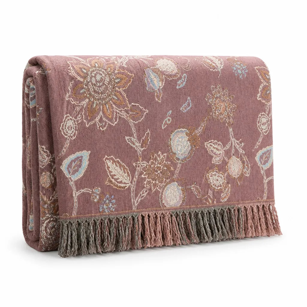 Bed Blanket 100% Cotton Jacquard Floral Tassel Trim
