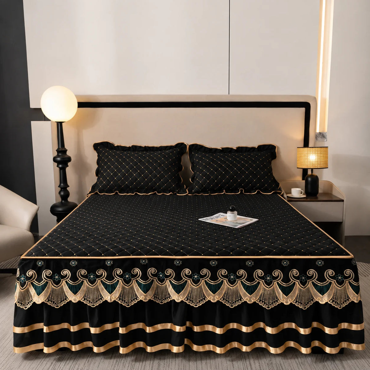 Bed Skirt Quilted Cotton Blend Lace Trim