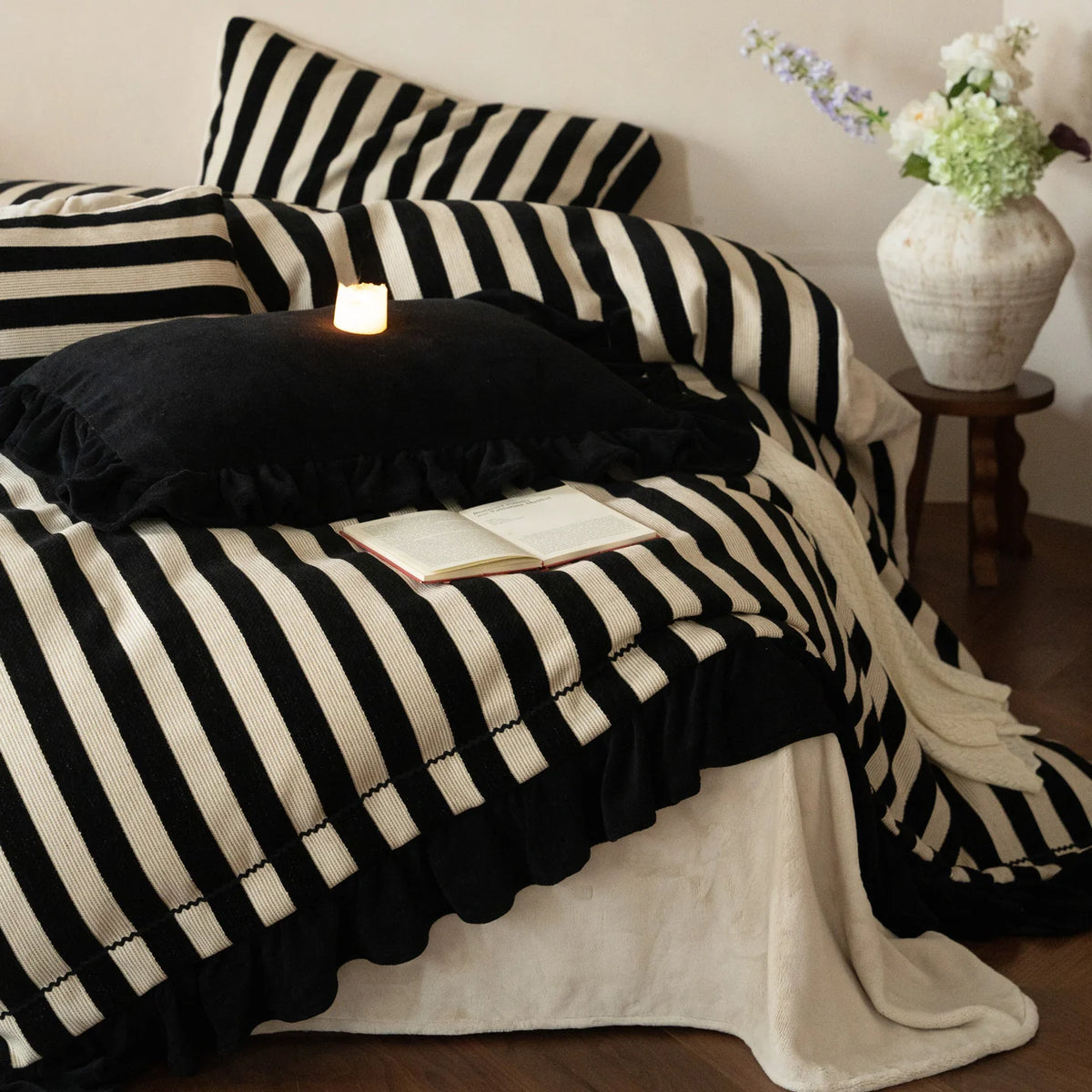 Bedding Set Cotton-Linen Blend Striped Ruffle Trim 4-Piece