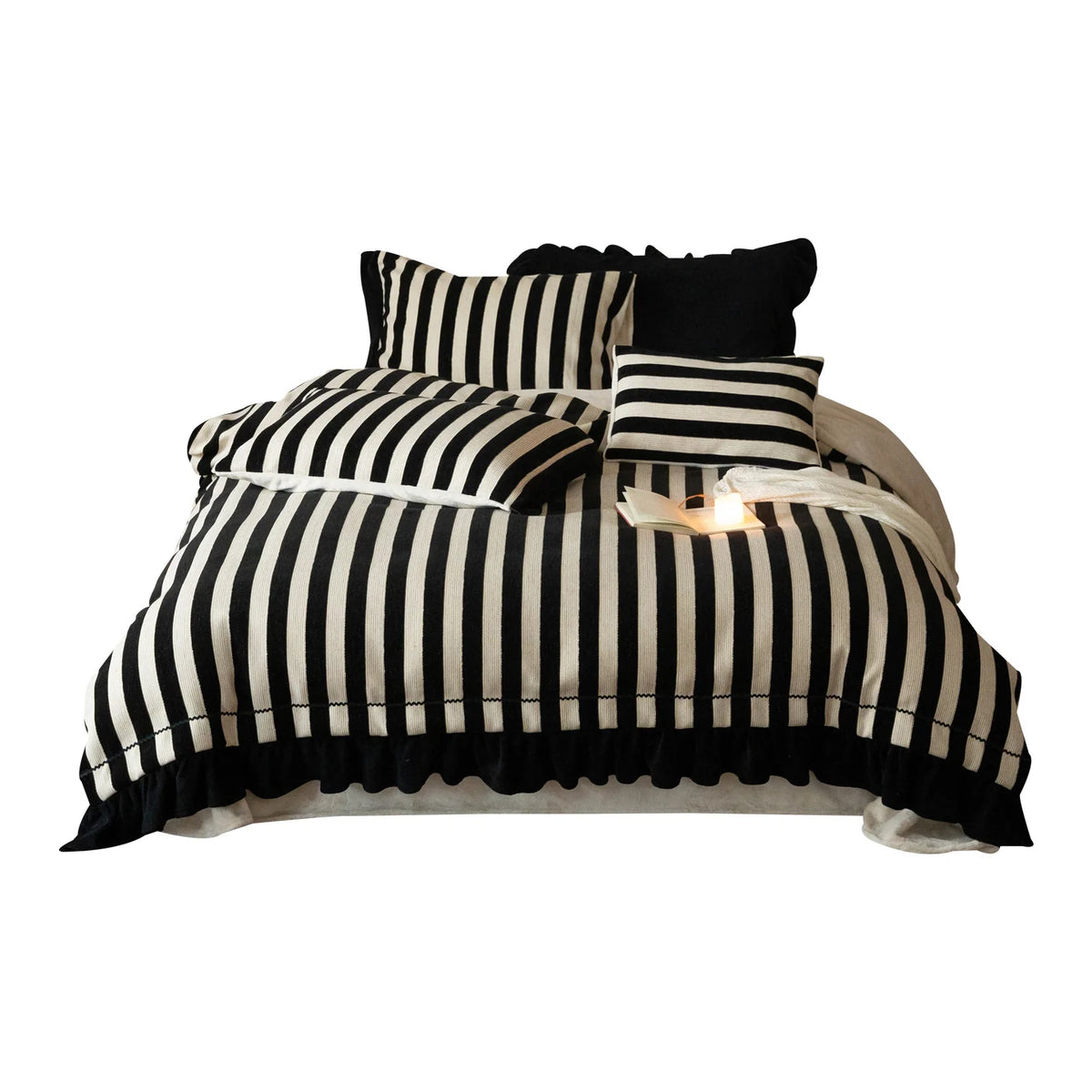 Bedding Set Cotton-Linen Blend Striped Ruffle Trim 4-Piece