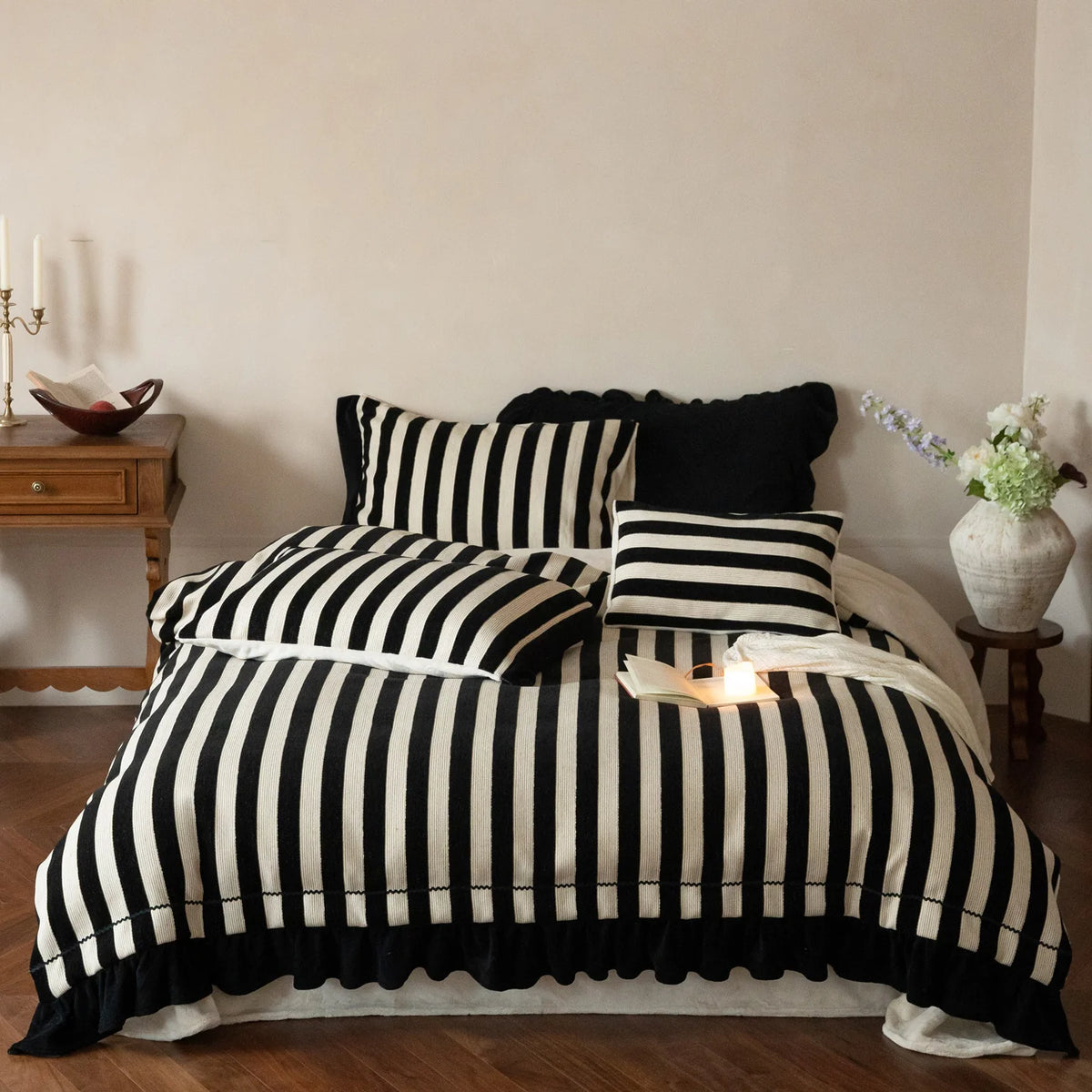 Bedding Set Cotton-Linen Blend Striped Ruffle Trim 4-Piece