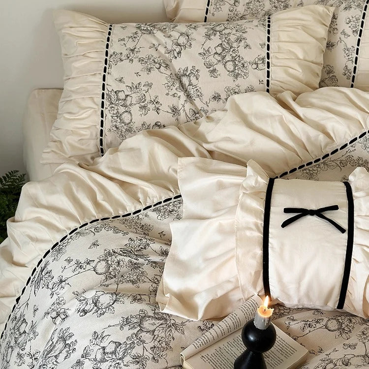 Bedding Set Cotton Percale Toile Print Ruffle Trim