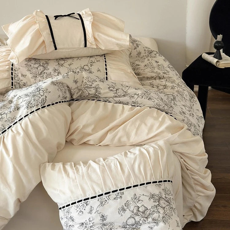 Bedding Set Cotton Percale Toile Print Ruffle Trim