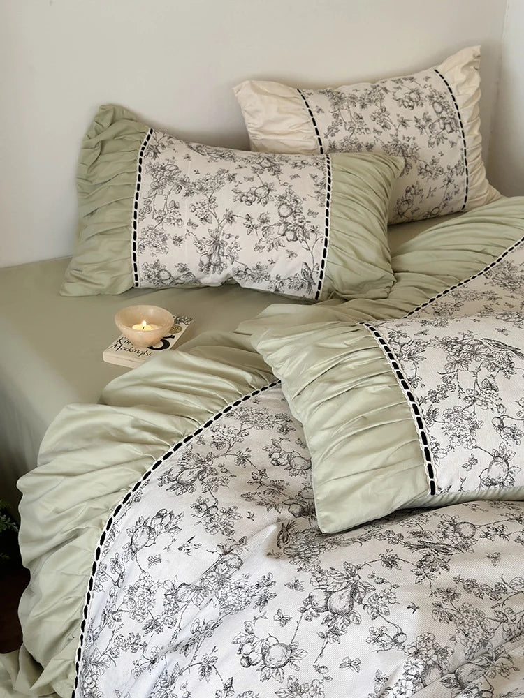 Bedding Set Cotton Percale Toile Print Ruffle Trim
