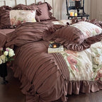 Bedding Set Cotton Sateen Floral Panel Ruffle Trim