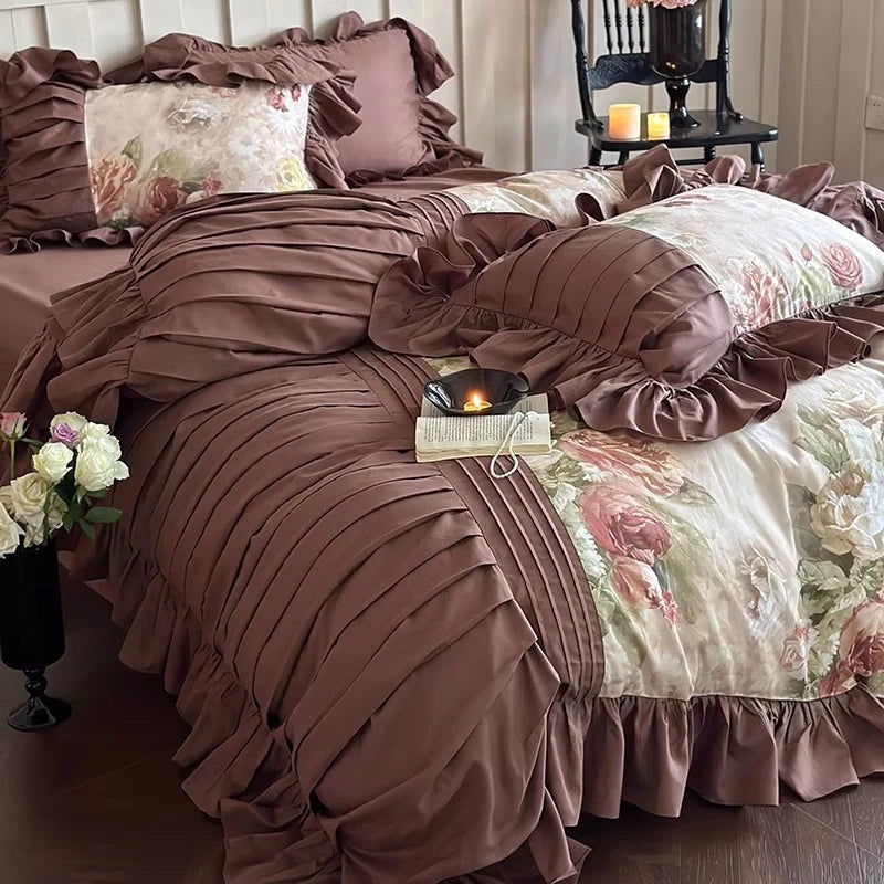 Bedding Set Cotton Sateen Floral Panel Ruffle Trim
