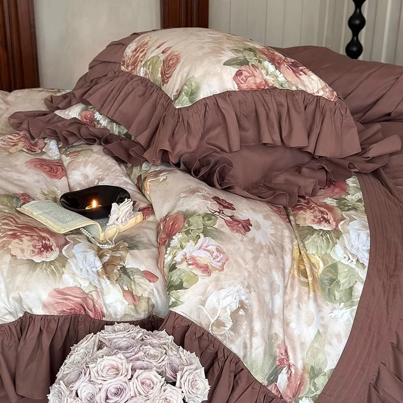 Bedding Set Cotton Sateen Floral Panel Ruffle Trim