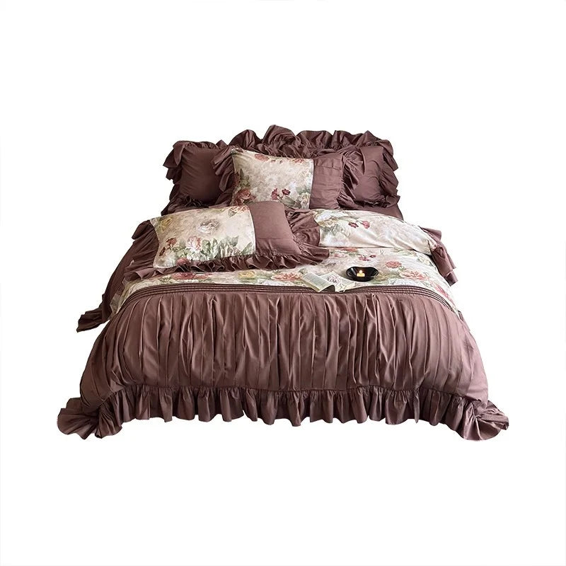 Bedding Set Cotton Sateen Floral Panel Ruffle Trim