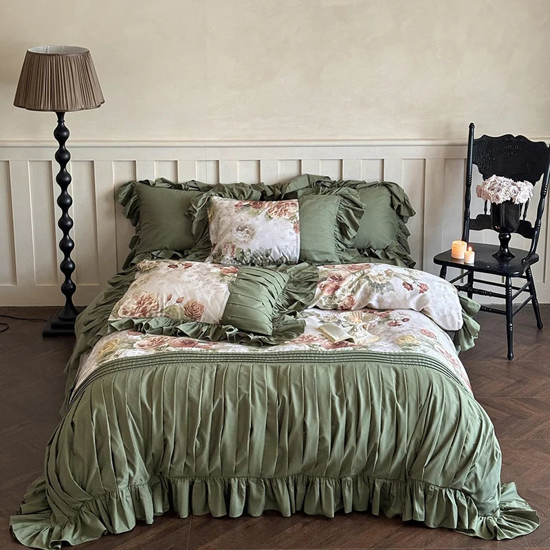 Bedding Set Cotton Sateen Floral Panel Ruffle Trim