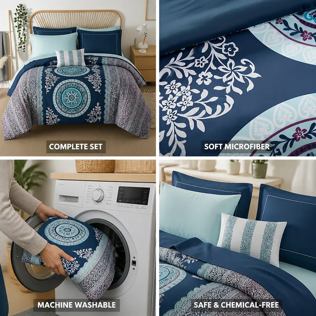 Bedding Set Queen Boho Medallion Brushed Microfiber