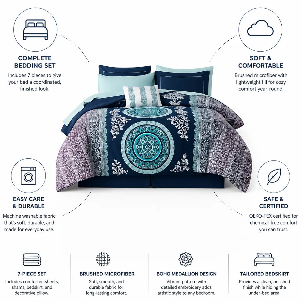 Bedding Set Queen Boho Medallion Brushed Microfiber